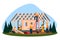 Wooden eco house construction. Vector flat illustration. Workers and builders building house or cottage in forest