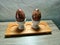 wooden egg display on a table with an Indonesian batik motif. Placed on a wooden table