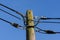 Wooden electricity post against blue sky