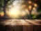 Wooden empty top table with blur sunny nature view. Rustic tabletop with light effect bokeh of tree on background. Generative AI