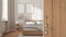 Wooden entrance door opening on contemporary bedroom with wooden bed and frame mockup, wallpaper, capet and decors, interior