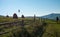 Wooden fence, haystacks and white storks in the Ukrainian Carpathians