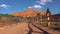 Wooden fence in the National Park against the backdrop of red mountain formations. Garden of the Gods, Colorado Springs, USA