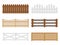 Wooden fences. Flat farm barriers and border walls. Country planks fencing templates. Different types yard railings