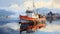 Wooden fishing boat moored at tranquil dock, reflecting autumn beauty generated by AI