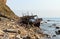 Wooden fishing boat from North Korea, shipwrecked after a storm off the coast of the Vladivostok