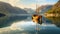 Wooden fishing boat on water at mountains, scenery of sea bay or lake, generative AI