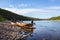 Wooden fishing boats in the Teno river in Lapland, Finland.