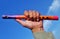 Wooden flute under calm sky in a hand