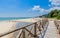 Wooden footbridge over the river. Black Sea Coast, resort Albena, Bulgaria