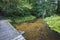 Wooden footbridge over small, calm, stream. Amazing, clean water and sandy bottom of the river. Green forest and wild overgrown