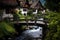 wooden footbridge with railing over fast moving mountain stream