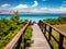 Wooden footbridge to the oasis-like beach - Spiaggia della Pelosa. Perfect summer view of Sardinia island, Italy, Europe. Amazing