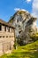 Wooden fortifications and inner courtyard of Gora Birow Mountain stronghold in Podzamcze of Silesia region in Poland