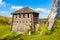 Wooden fortifications and inner courtyard of Gora Birow Mountain stronghold in Podzamcze of Silesia region in Poland