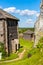 Wooden fortifications and inner courtyard of Gora Birow Mountain stronghold in Podzamcze of Silesia region in Poland