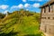 Wooden fortifications and inner courtyard of Gora Birow Mountain stronghold in Podzamcze of Silesia region in Poland