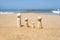 Wooden four figures of people on the sand of beach with sea view. Concept of happy family with two kids on holiday.