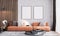 Wooden frame mock up of Scandinavian interior design. Orange sofa in living area, vintage beige wallpaper