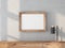 Wooden Frame Mockup hanging on concrete wall above bureau