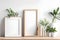 wooden frame mockup in scandi style interior with trailing green plant in , pile of books