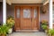 wooden front door of a craftsman house with intricate details