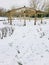 Wooden garden structure gazebo in a rose garden during