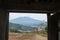 Wooden gate to red torii of Kawaguchi Asama Shrine with mt. fuji