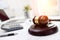Wooden gavel at lawyer or attorney office