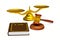 Wooden gavel and scales and book on white background. Isolated 3