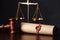 Wooden gavel and scales near testament and last will. Notary public tools close-up