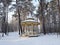 Wooden gazebo in the city park to spend your personal time. Jurmala, Latvia January 2019