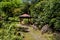 Wooden gazebo in clearing on hiking trail