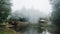 Wooden gazebo on the lake with cedar trees and fog in the background in the forest in Alishan National Forest Recreation Area.