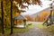 Wooden a gazebo in the mountains.