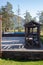 Wooden gazebo and outdoor swimming pool near the hotel