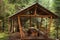 Wooden gazebo picnic area is in the woods