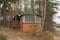 wooden gazebo stands in an autumn pine forest