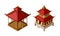 Wooden Gazebo and Tiered Pagoda in Oriental Style as Asian Architecture Isometric Vector Set