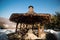 Wooden gazebo in winter time. Christmas vacation. Traditional resort in carpatian mountains