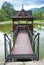 Wooden gazebos on shore of lake in Ukrainian Carpathians