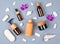 Wooden and glass bottles containers blank mockup for skincare products on grey background with seashells and stones.