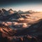 Wooden Glorious view from top of the world, looking over mountain range in dark wooden room