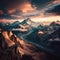 Wooden Glorious view from top of the world, looking over mountain range in dark wooden room