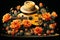 A wooden guitar with a Mexican straw sombrero hat on a black background among flowers. Cinco de Mayo