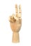 Wooden Hand victory shows finger-counting, on white background