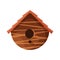 Wooden handmade bird house isolated on white background. Cartoon homemade nesting box for birds, ecology rounded birdbox