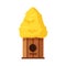 Wooden handmade bird house with a thatched roof isolated on white background. Cartoon homemade nesting box for birds