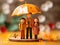 wooden happy family under umbrella, blurred background with magic lights, relationships and love, protection for family, insurance