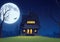 Wooden Haunted house and full moon. It spooky Old Haunted house in the spooky dark forest.